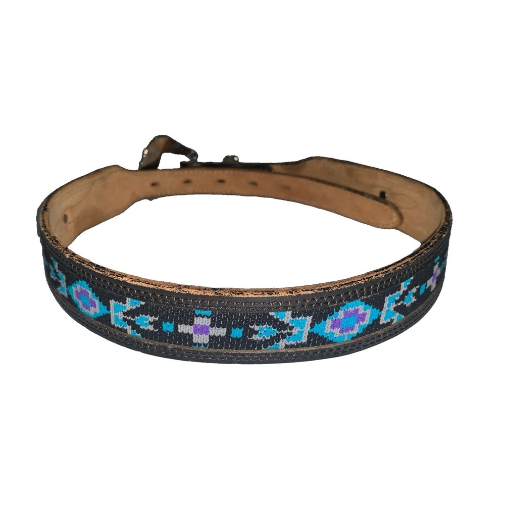 Vintage Dundee Leather Western Belt‎ Womens 28 Turquoise Black Aztec Cowgirl USA